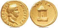 Ancients Roman Imperial Nero, as Augustus (AD 54-68). AV aureus (19mm, 7.09 gm, 7h). VF. Rome, ca. AD 65-66. NERO CAESAR-AVGVSTVS, laureate head of Nero right / VESTA, hexastyle temple of Vesta with t