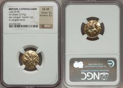 CELTIC BRITAIN. Catuvellauni. Ca. 60-20 BC. AV stater (18mm, 5.97 gm). Disjointed Apollo head / Celtic horse right, S-shaped insignia above, large globe below. Cf. Van Arsdell 1476-3 [as C]. An appare