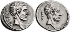 Q. Caepio Brutus (M. Junius Brutus) (54 BC). AR denarius (19mm, 4.11 gm, 12h). Rome. BRVTVS, head of L. Junius Brutus right / AHALA, head of Caius Servilius Ahala right. Crawford 433/2. Sydenham 907. 