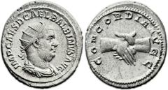 Balbinus (AD 238). AR antoninianus (22mm, 5.51 gm, 12h). Rome, April-July AD 238. IMP CAES D CAEL BALBINVS AVG, radiate, draped and cuirassed bust of Balbinus right / CONCORDIA AVGG, clasped hands. RI