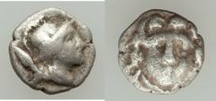 GREEK-SASANIAN. Lot of three (3) silver coins. Includes two AR obols of uncertain city in Cilicia of type helmeted head right / facing head, and a Sasanian AR drachm of Hormizd V or VI (AD 631-632). T
