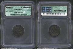 Bruttium. Brettian League, 215-205 B.C. AE (copper alloy) 20. Laureate head right of Zeus/Warrior advancing right, holding spear and shield; owl in lower right field. Scheu 44, SNG ANS 106. EF40 ICG, 