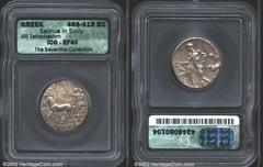 Sicily, Selinos. Circa 466-415 B.C. AR tetradrachm. Quadriga driven left by Artemis, Apollo beside her drawing bow/River-god Selinos sacrificing left over altar; bull and selinon leaf behind. 16.77 g.