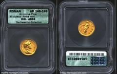 Antoninus Pius, A.D. 138-161. AV aureus minted A.D. 148-149. Laureate bust right of Antoninus Pius with slight drapery on shoulder/Aequitas standing left, holding scales and cornucopiae. 6.88 g. RIC 1