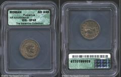 Pupienus, A.D. 238. AR antoninianus. Radiate, cuirassed and draped bust right of Pupienus/Clasped hands. RIC 11(b), C. 21. EF45 ICG, medium golden-grey toning. From the Collection of Dr. Joseph M. Sev