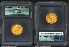 Constans, A.D. 337-350. AV solidus minted at Thessalonica, A.D. 337-340. Diademed, cuirassed and draped bust right of Constans/Victory walking left holding trophy and palm branch. 4.36 g. RIC 28 [as R