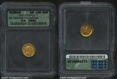 Theodosius II, A.D. 402-450. AV tremissis minted at Constantinople, October A.D. 425-429. Diademed, cuirassed and draped bust right of Theodosius II/Victory advancing right, head left, holding wreath 