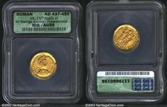 Valentinian III, A.D. 425-455. AV solidus minted at Thessalonica, winter A.D. 437-March 438. Helmeted, diademed, cuirassed and draped bust right of Valentinian III/Theodosius II embracing Valentinian 