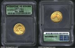 Tiberius II, A.D. 578-582. AV light weight solidus minted at Antioch, A.D. 579-582. Crowned and cuirassed bust facing, holding globus cruciger and shield/Cross potent on four steps; in exergue, "OB" f