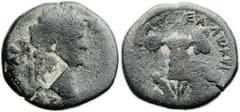 Titus (AD 79 - 81). AE (26.3 mm, 11.77 gm, 12h). Caesarea Maritima. AΥTOKP TITOΣ KAIΣAP; laureate head of Titus to r., rectangular countermark with head on neck / IOΥΔAIAΣ EAΛWKΥIAΣ (Judaea captured);