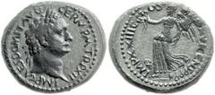 Domitian (AD 81 - 96). AE (25.2 mm, 13.89 gm, 12h). Caesarea Maritima. IMP CAES DOMIT AVG GERM TR P XII; laureate head of Domitian to r. / IMP XXIII COS XVI CENS P P P; Victory in flowing gown advance
