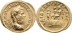 ROMAN EMPIRE. Macrinus (AD 217-218). AV aureus (20mm, 6.81 gm, 6h). Rome, AD 218. IMP M OPEL SEV MACRINVS AVG, laureate, draped and cuirassed bust of Macrinus right, seen from back / LIBERALITAS AVG, 