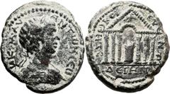 Dium, Decapolis. Caracalla (193 - 211 AD). AE (27mm, 14.33 g, 12h). Draped and cuirassed bust of young Caracalla r., seen from rear, laureate; AV K M AV ANTWN CEB / Hexastyle temple with central arch 