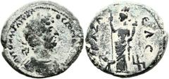 Gaza, Judaea. Marcus Aurelius (161 - 180 AD). AE (29.2 mm, 19.97 gm, 12h). Draped bust of Marcus Aurelius r., laureate; AΥT KAI M AΥPHΛΙ ANTWNINOC CE / Tyche wearing kalathos standing facing looking l