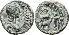 Caesarea Paneas, Galilee. Annia Faustina, third wife Elagabalus (218 - 222 AD). AE (25.9 mm, 11.74 gm, 6h). Draped bust of Annia Faustina r.; FAVCTEIN AVGV, C in r. field / Pan playing the flute to a 