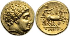 MACEDONIAN KINGDOM. Philip II (359-336 BC). AV stater (18mm, 8.61 gm, 5h). Pella, posthumous issue under Philip III, 323-317 BC. Laureate head of Apollo right / Charioteer driving biga right, holding 