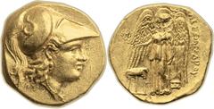 Alexander III the Great (336-323 BC). AV stater (18mm, 8.54 gm, 11h). Cius(?). Head of Athena right, wearing Corinthian helmeted, ornamented with coiled serpent / ΑΛΕΞΑΝΔΡΟΥ, Nike standing left, holdi