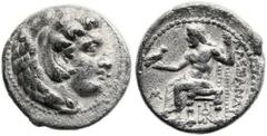 Alexander III the Great (336-323 BC). AR didrachm (22mm, 8.42 gm, 3h). Babylon, late lifetime issue, 325-323 BC. Head of Heracles right, wearing lion-skin headdress / ΑΛΕΞΑΝΔΡΟΥ, Zeus seated left, hol