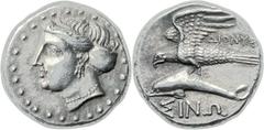 PAPHLAGONIA. Sinope. Ca. 330-300 BC. AR drachm (18mm, 4.96 gm, 5h). Dionysi(us), magistrate. Head of nymph left; hair in sakkos / Sea-eagle standing left on dolphin, wings spread; ΔIONYΣI below eagle'