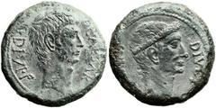 Octavian and Divus Julius Caesar (42-27 BC). Æ 'sestertius' (29mm, 16.46 gm, 11h). Uncertain mint in northern Italy, ca. 39 BC. CAESAR DIVI. F, bare head of Octavian right / DIVO[S IVLIVS], laureate h