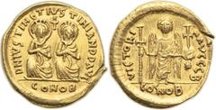Justin I and Justinian I (4 April-1 August AD 527). AV solidus (20mm, 4.44 gm, 6h). Constantinople, 2nd officina. D N IVSTIN ЄT IVSTINIAN PP AVG, Justin and Justinian, nimbate, seated facing with righ