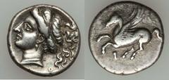 Corinth. Ca. 350-300 BC. AR drachm (2.72 gm). Pegasus flying left; below, koppa / Head of Aphrodite left; in front [D]; behind, O. BCD Corinth 150. Toned. Very Fine. Property From The Estate of Dale S