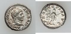 Caracalla (AD 198-217). AR denarius (2.75 gm). Rome, AD 213. Laureate head of Caracalla, bearded / Caracalla standing half-right in military attire, holding transverse spear, two standards behind. BMC