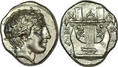 MACEDON. Chalcidian League. Ca. 390 BC. AR tetradrachm (22mm, 14.48 gm, 12h).  Olynthos mint. Laureate head of Apollo right / Kithara within incuse square; X-A-Λ-KI[Δ]-EΩN around. Robinson & Clement g