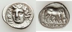 Larissa. Ca. 385-365 BC. AR drachm (22mm, 6.13 gm, 6h).  Head of nymph Larissa facing, turned slightly to the left, wearing ampyx, earring and simple necklace / Horse grazing to right, with straight l