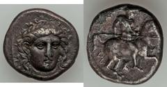 Pherae. Alexander the Tyrant (369-358 BC). AR Stater (23mm, 11.52 gm, 8h).  Head of Ennodia facing slightly right, wearing pearl diadem, grape-cluster earring and pearl necklace; in field l., long tor
