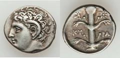 Cyrene. Ca. 308-277 BC. AR didrachm (22mm, 7.75 gm, 7h). Head of Apollo-Carneius right / KY - PA, silphium plant with fluted stalk and three tiers of leaves and central flower ball, monogram / star in
