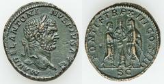 Caracalla (AD 198-217). Orichalcum sestertius (32mm, 23.13 gm, 12h).  Rome, AD 210. M AVREL ANTONI-NVS PIVS AVG, laureate head of Caracalla right / PONTIF TR P XIII COS IIII, Caracalla (on right, faci