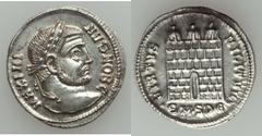Maximinus II Daia as Caesar (AD 305-309). AR argenteus (19.5mm, 3.45 gm, 12h).  Serdica, AD 305-306. MAXIMI - ANVS NOB C, laureate head of Maximinus right / VIRTVS - MILITVM, fortress gate topped by t