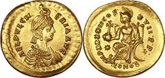 Aelia Pulcheria, sister of Theodosius II (Augusta, AD 414-453). AV solidus (21mm, 4.31 gm, 1h). Constantinople, AD 441-450. AEL PVLCHERIA AVG, pearl-diademed bust right, wearing necklace and earrings 