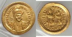 WEST ROMAN EMPIRE. Valentinian III (AD 425-455). AV solidus (421mm, 4.53 gm, 6h).  Constantinople, AD 426. D N VALENTIN-IANVS P F AVG, diademed, helmeted and cuirassed bust of Valentinian facing 3/4 r
