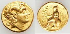 THRACIAN KINGDOM. Lysimachus (323-281 BC).  AV stater (19mm, 8.57 gm, 12h). Pella, 286-281 BC. Diademed head of deified Alexander the Great right, with horn of Ammon /  ΒΑΣΙΛΕΩΣ ΛYΣΙΜΑΧΟY, Athena enth