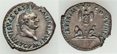 Titus (AD 79 - 81). AR denarius (19mm, 3.43 gm, 7h). Rome, AD 79. IMP TITVS CAES VESPASIAN AVG P M, laureate head of Titus right / TR P IX IMP XV COS VIII P P, trophy flanked by seated captives, hands