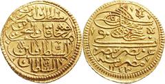 Ottoman, Mahmud I, AH 1143-1168 / AD 1730-1754, gold zer-i mahbub (2.62g, 19mm). Misr AH 1143 (Cairo). Superb strike. Choice Mint State. The denomination "zer-i mahbub" means "beloved gold," struck th