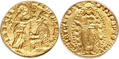 Achaia. Roberto d'Angio Tarente gold Zecchino ND (1346-64), Fr-38a, MS63 PCGS, fully brilliant with bold details, very scarce Venetian style gold issue.