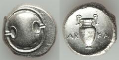 BOEOTIA. Thebes. Ca. 395-338 BC. AR stater (22mm, 12.34 gm, 12h).  Boeotian shield / AR - KA on either side of volute amphora, all within incuse circle. Head, Boeotia p. 64. SNG Copenhagen 318 (same r