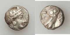 ATTICA. Athens. Ca. 393-350 BC. Lot of two (2) transitional tetradrachms.   Both coins: Helmeted head of Athena right, with profile eye / Owl standing right, head facing; olive sprig and crescent behi