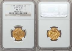Chios. Thomas Mocenigo gold Zecchino No Date (1414-1423), Fr-2e, AU58 NGC, a slightly crude imitation of the Venetian ducats of the time. Essentially no wear and scarce thus.