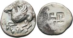 CORINTHIA. Corinth. Ca. 550-500 BC. AR stater (23mm, 8.74 gm).  Pegasus, with curved wing, flying left; below, koppa / Incuse in the form of a swastika to left. BCD Corinth 3. SNG Copenhagen 2. Rare! 