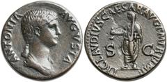 Antonia, mother of Claudius (died AD 37). Orichalcum dupondius (27.5mm, 14.51 gm, 6h). Rome, under Claudius, AD 41-42. ANTONIA – AVGVSTA,  draped bust of Antonia right, hair in long plait behind neck 