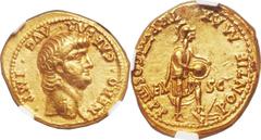 Nero (AD 54-68). AV aureus (20mm, 7.73 gm, 7h). Lugdunum, AD 60-61. NERO · CAESAR · AVG  · IMP ·, bare head of Nero right /  PONTIF · MAX · TR P VII COS · IIII P · P, Roma standing right, left foot on