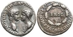 Nero (AD 54-68) and Agrippina Jr. (Augusta, AD 54-58). AR denarius (17.5mm, 3.61 gm, 9h).  Lugdunum, AD 54-55. AGRIPP AVG DIVI CLAVD NERONIS CAES MATER, bare head of Nero right facing draped bust of A