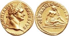 Domitian (AD 81-96). AV aureus (20mm, 7.54 gm, 6h). Rome, AD 90-91. DOMITIANVS AVGVSTVS,  laureate head of Domitian right / GERMANICVS COS XV, Germania, nude to the waist, seated right on hexagonal sh