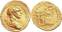 Trajan (AD 98-117). AV aureus (20mm, 7.21 gm, 7h). Rome, AD 116. IMP CAES NER TRAIAN OPTIM AVG GER DAC PARTHICO, laureate, draped and cuirassed bust of Trajan right /  REGNA·AD – SIGNATA, Trajan seate