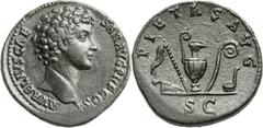 Marcus Aurelius as Caesar (AD 139-161). Orichalcum sestertius (33mm, 23.64 gm, 12h).  Rome, AD 140-144. AVRELIVS CAE-SAR AVG PII F COS, bare head of Aurelius right / PIETAS AVG, emblems of the Pontifi