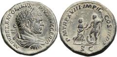 Caracalla (AD 198-217). Orichalcum sestertius (31mm, 23.46 gm, 12h). Rome, AD 215. M AVREL ANTONINVS PIVS AVG GERM, laureate, draped, and cuirassed bust of Caracalla right / P M TR P XVIII IMP III COS